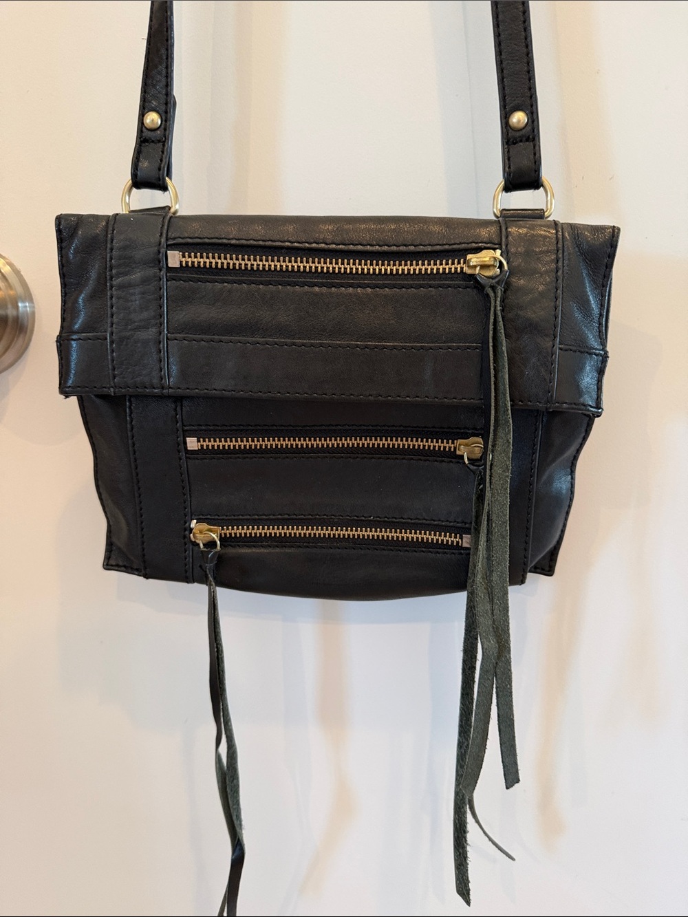 Botkier Black Leather Crossbody with Gold Zipper Accents